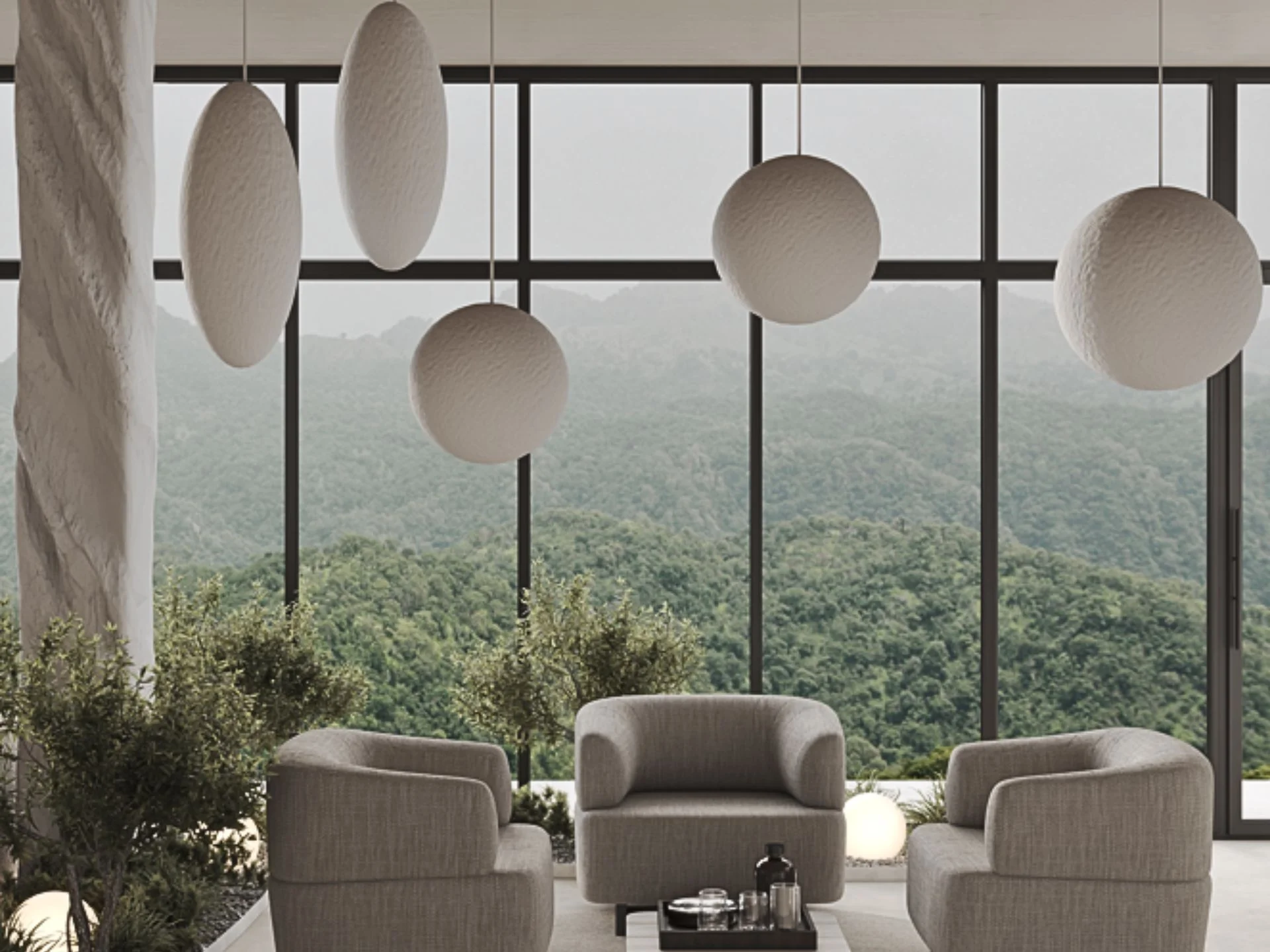 Forest view from living room with designer furnishings at Sunny Moon, Nai Ha
