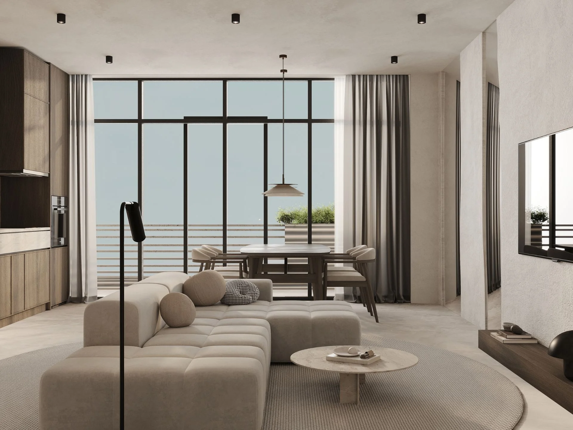 Living room interior with sea view in 2-bedroom apartment at Sunny Moon, Nai Ha