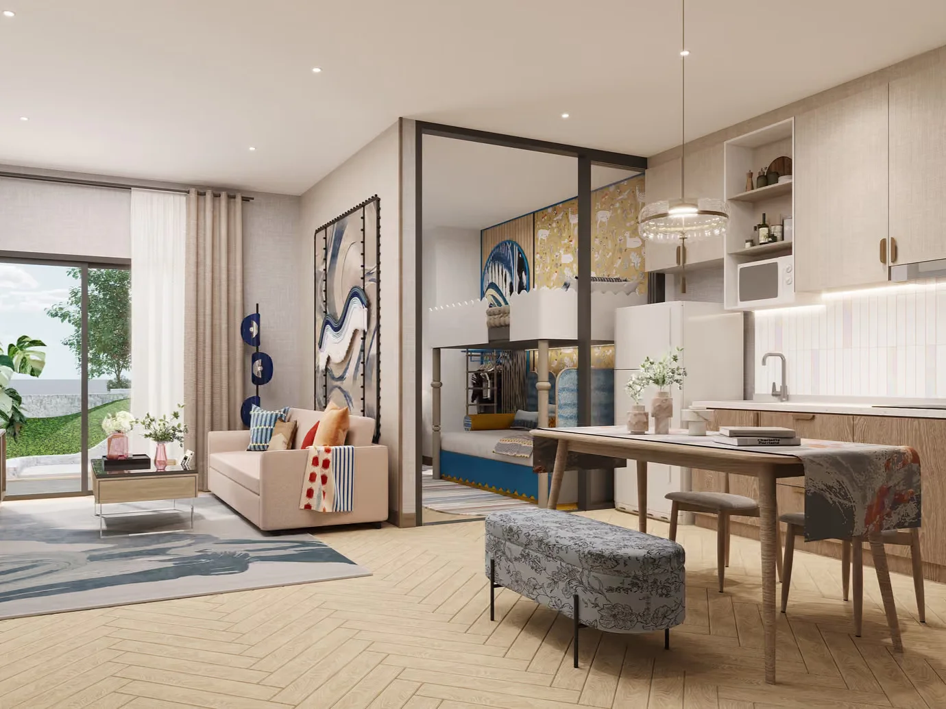 Interno open-plan con soggiorno e cucina in appartamento 2 camere a The Title Adora, Rawai