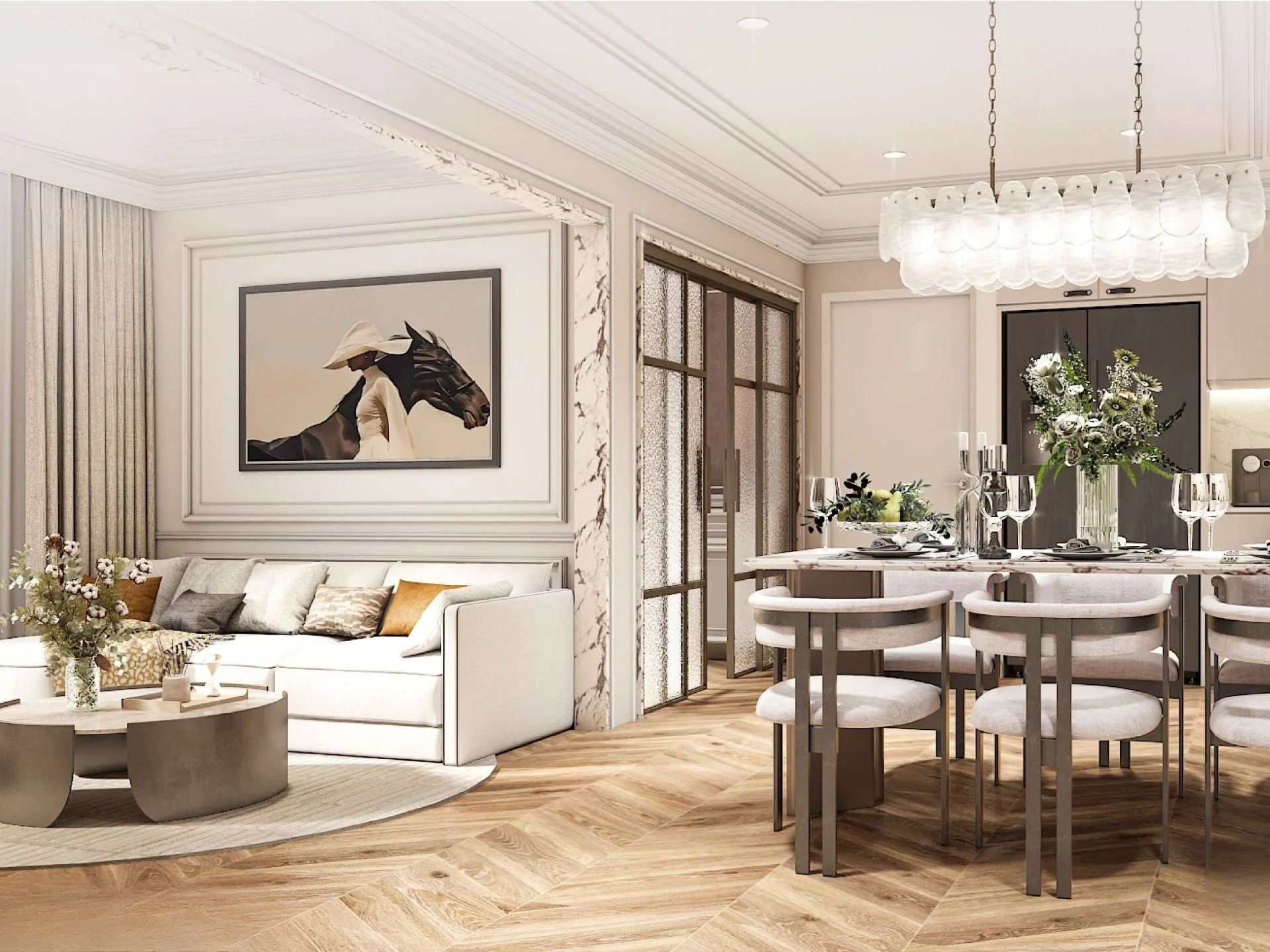 Open-plan living and dining room interior in a 3-bedroom apartment at The Title Biancana, Suri