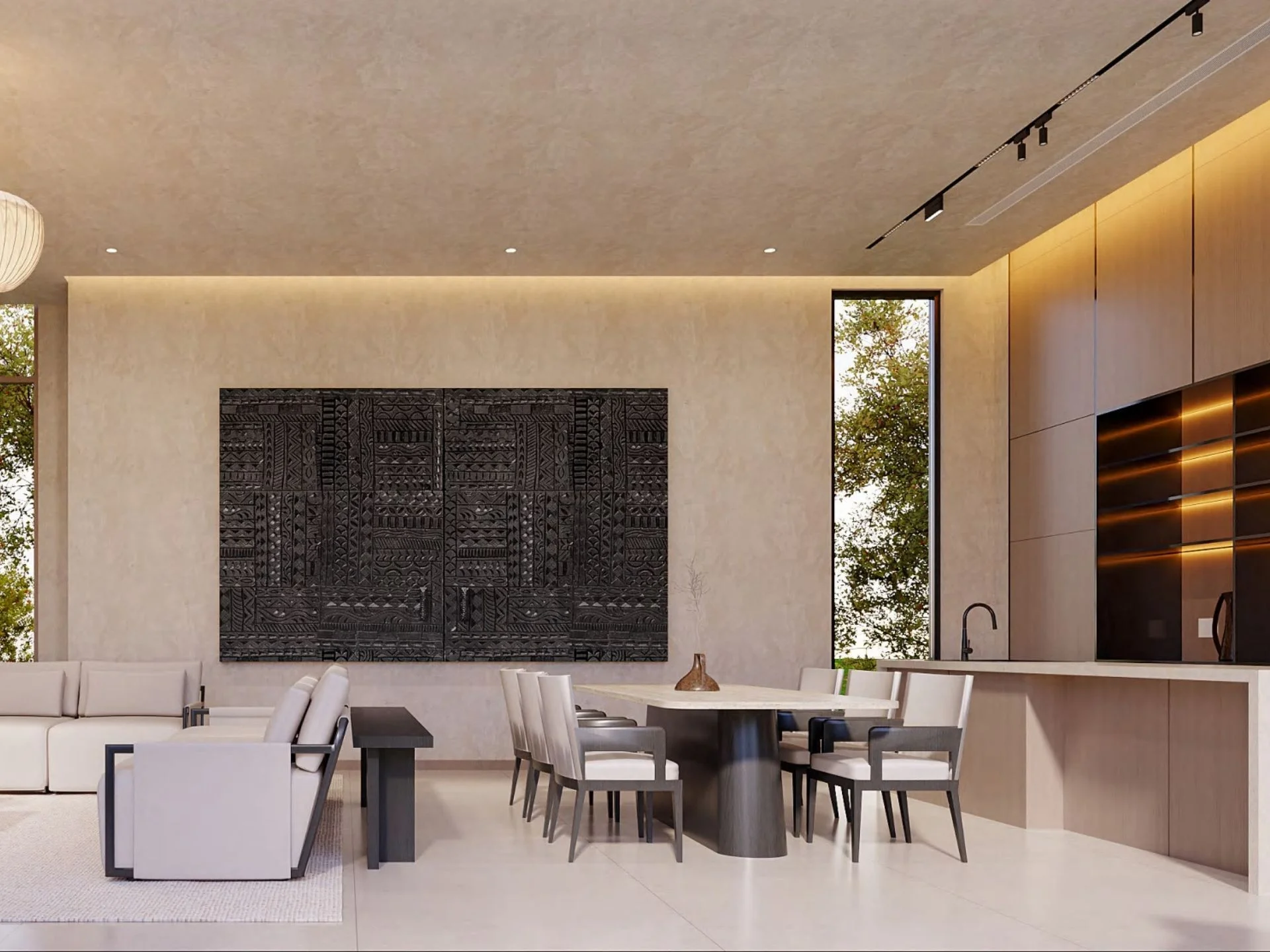 Open-plan living and dining area interior in 3-bedroom villa at Ayana Soluna Villas, Talanng