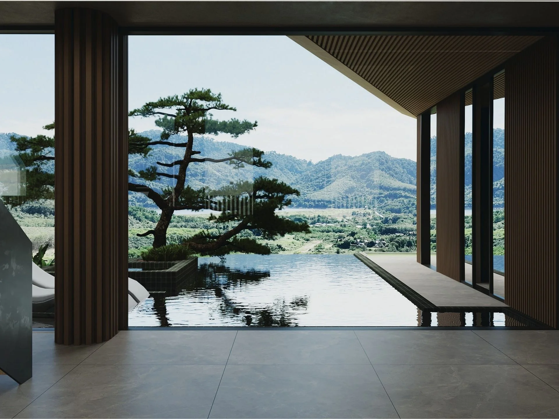 Mountain view from terrace with infinity pool at Ayana Soluna Villas, Talangs