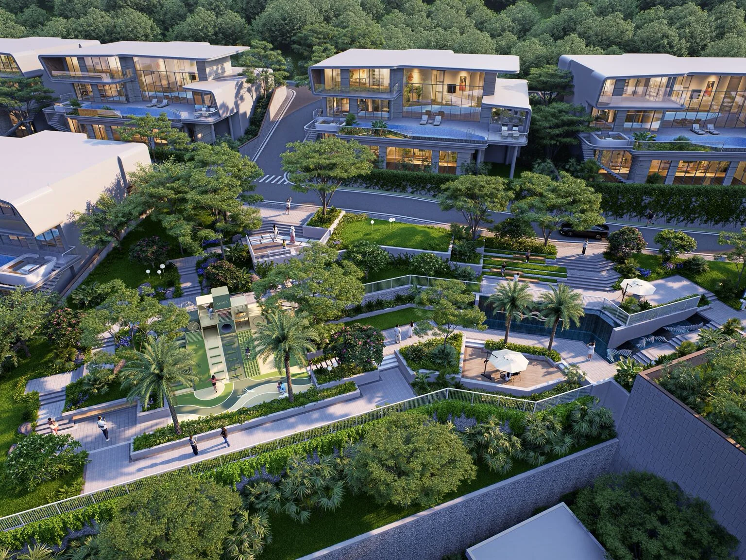 Aerial view of Ayana Soluna Villas complex with landscaped grounds and modern architecture, Thalang