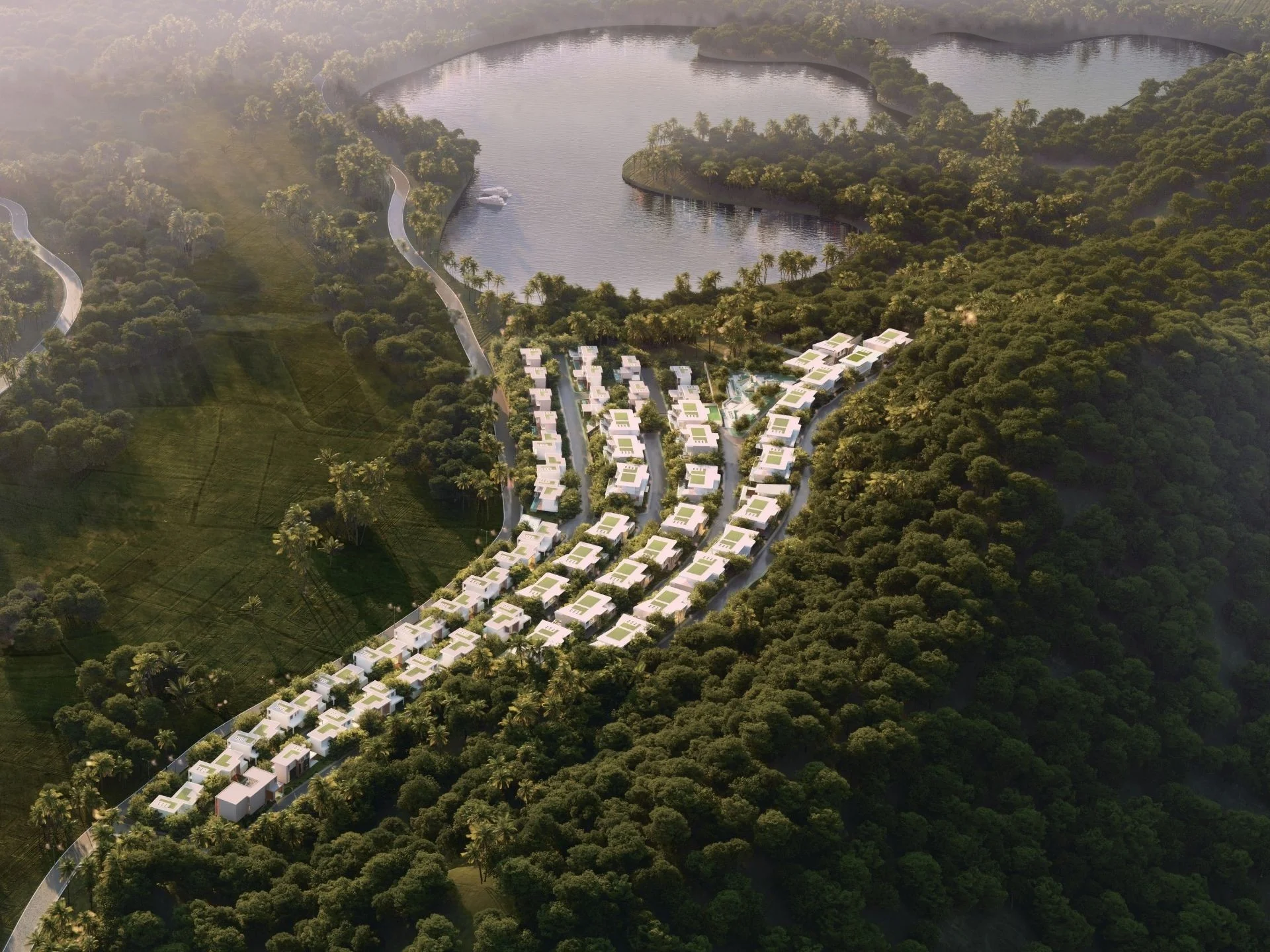 Aerial view of Ayana Soluna Villas residential development nestled in tropical forest, Thailand