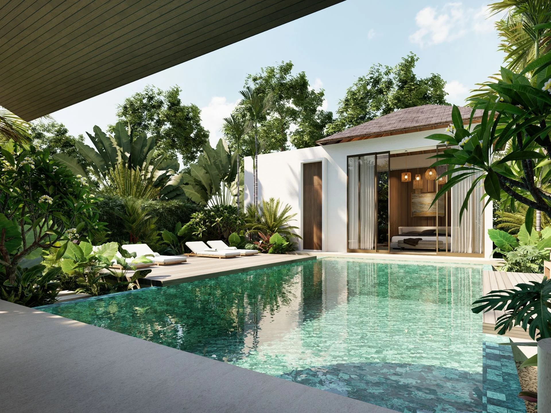 Private villa with swimming pool and tropical landscaping at Fortuna Lakeside, Thailand