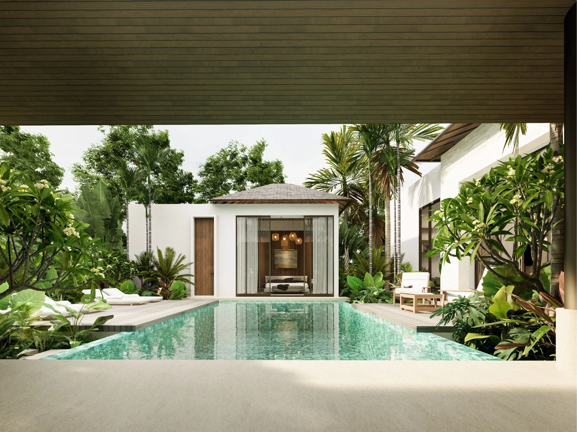 Private pool and tropical garden courtyard at Fortuna Lakeside, Thailand
