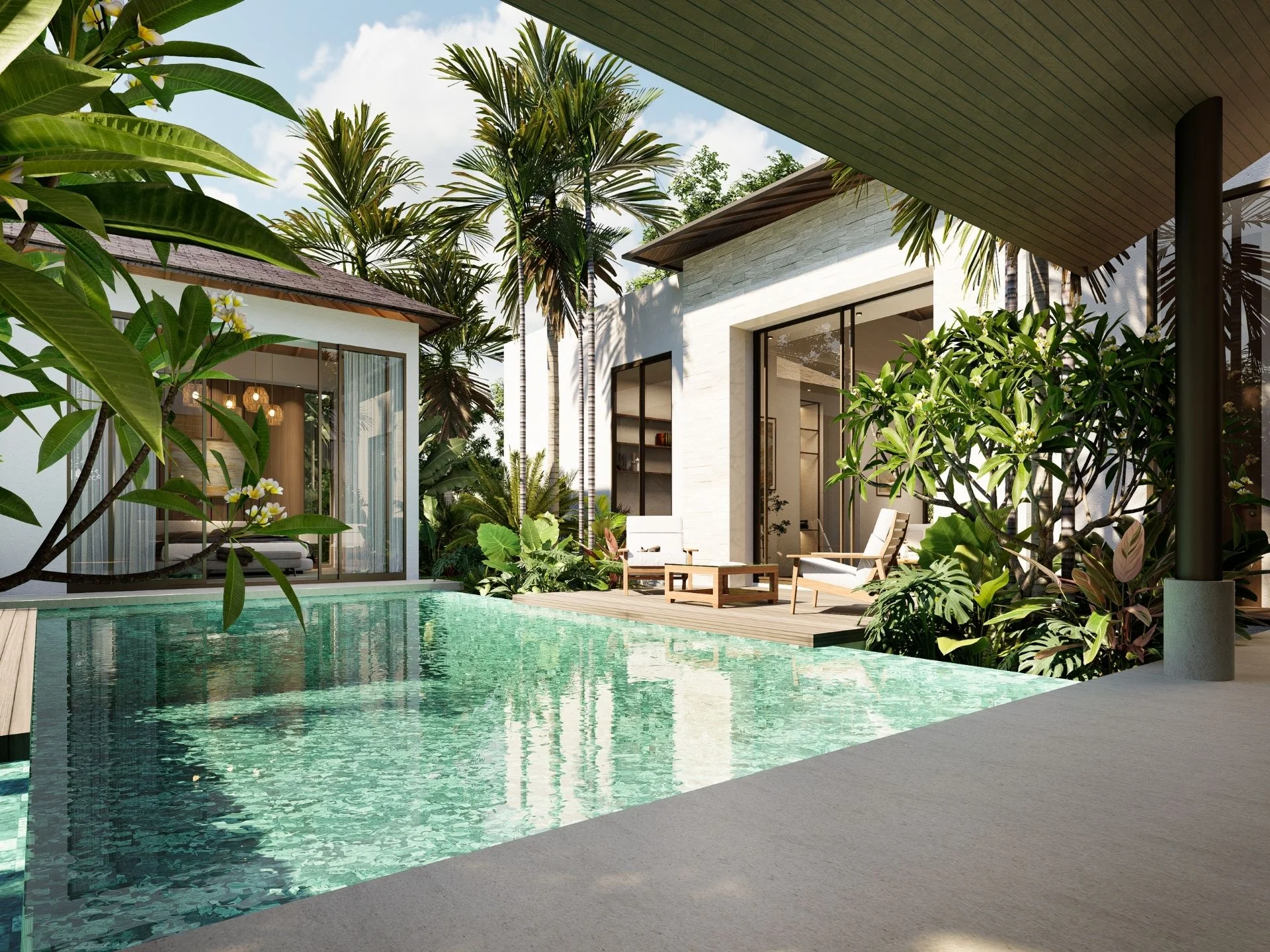 Private pool and tropical garden at Fortuna Lakeside villa, Central Phuke