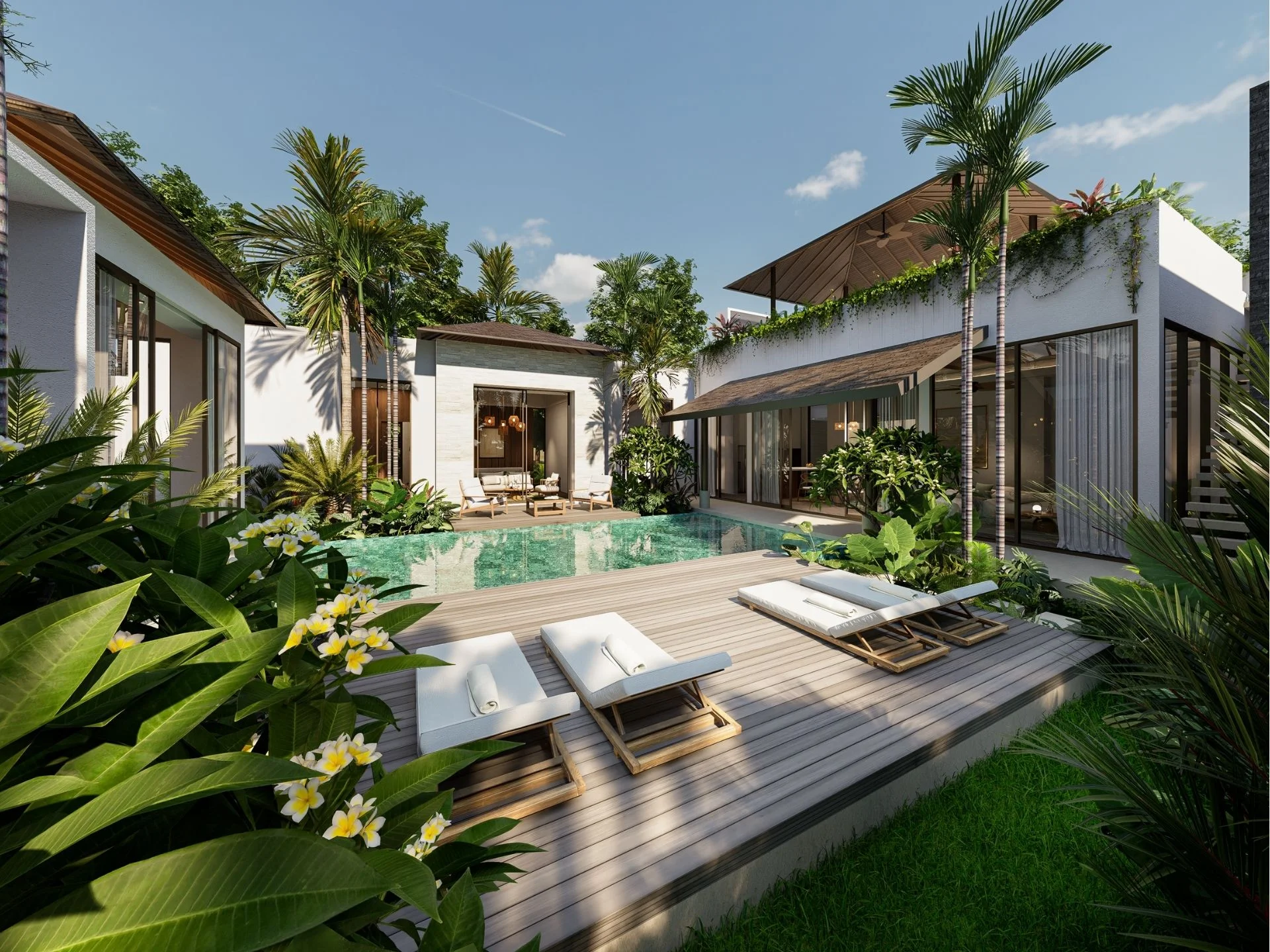Landscaped courtyard with swimming pool and sun loungers at Fortuna Lakeside villa, Phuke