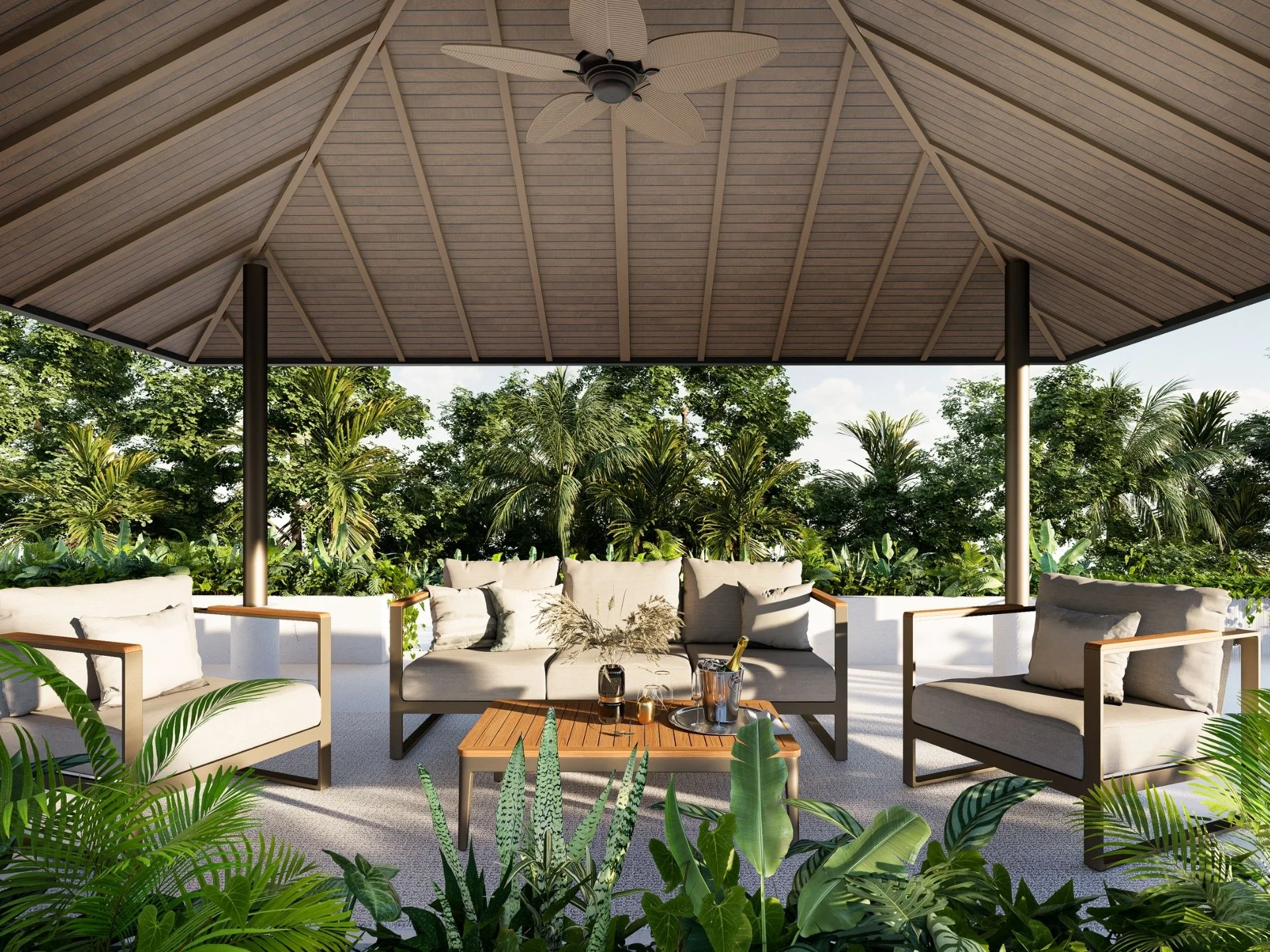 Covered terrace with lounge seating and tropical landscaping at Fortuna Lakeside, Central Phuke