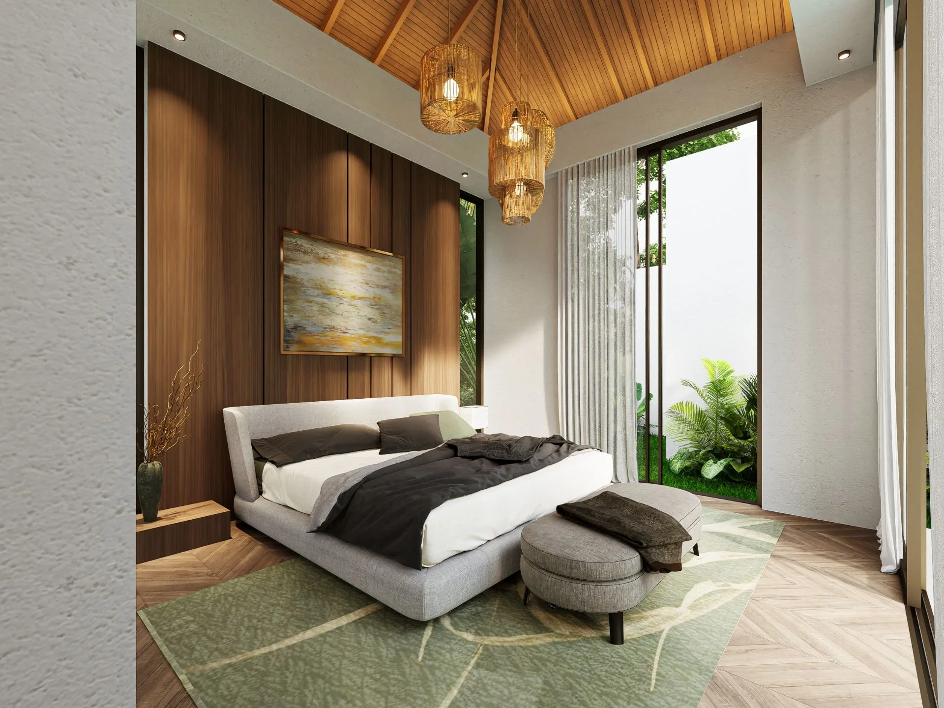 Master bedroom interior with wooden ceiling and garden view in 4-bedroom villa at Fortuna Lakeside, Central Phuke