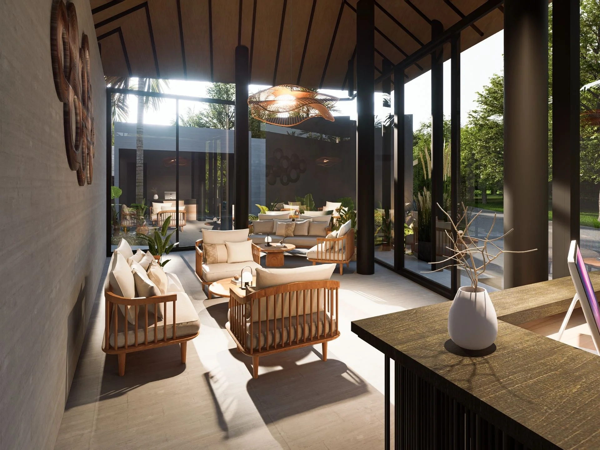 Covered terrace with lounge seating and dining area at Fortuna Lakeside villa, Central Phuke