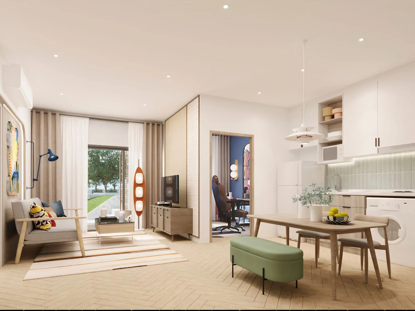 Open-plan living and dining area with kitchen in a 2-bedroom apartment at The Title Cielo, Rawai