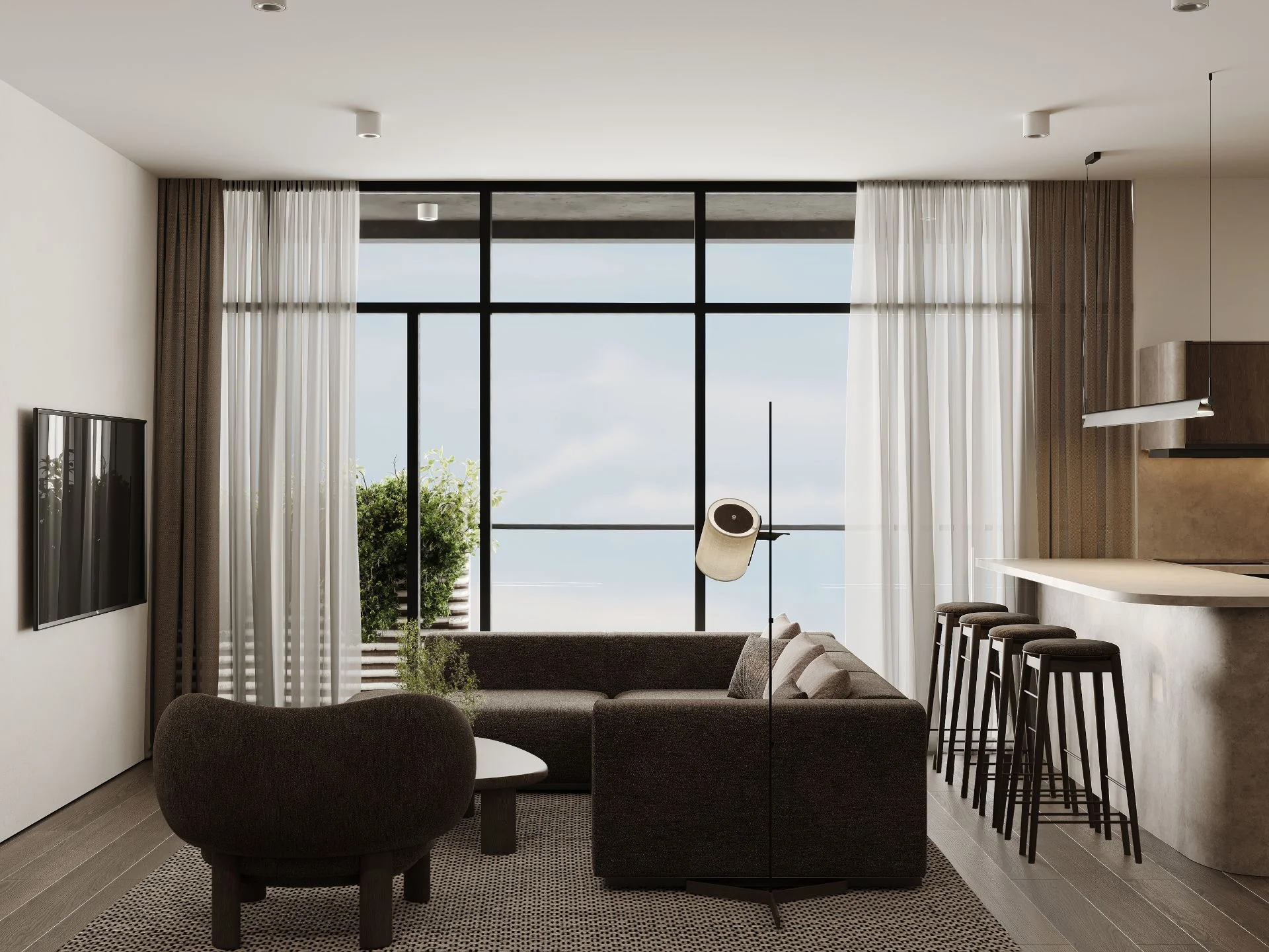 Living room interior with sea view in 3-bedroom apartment at Sunny Moon, Nai Ha