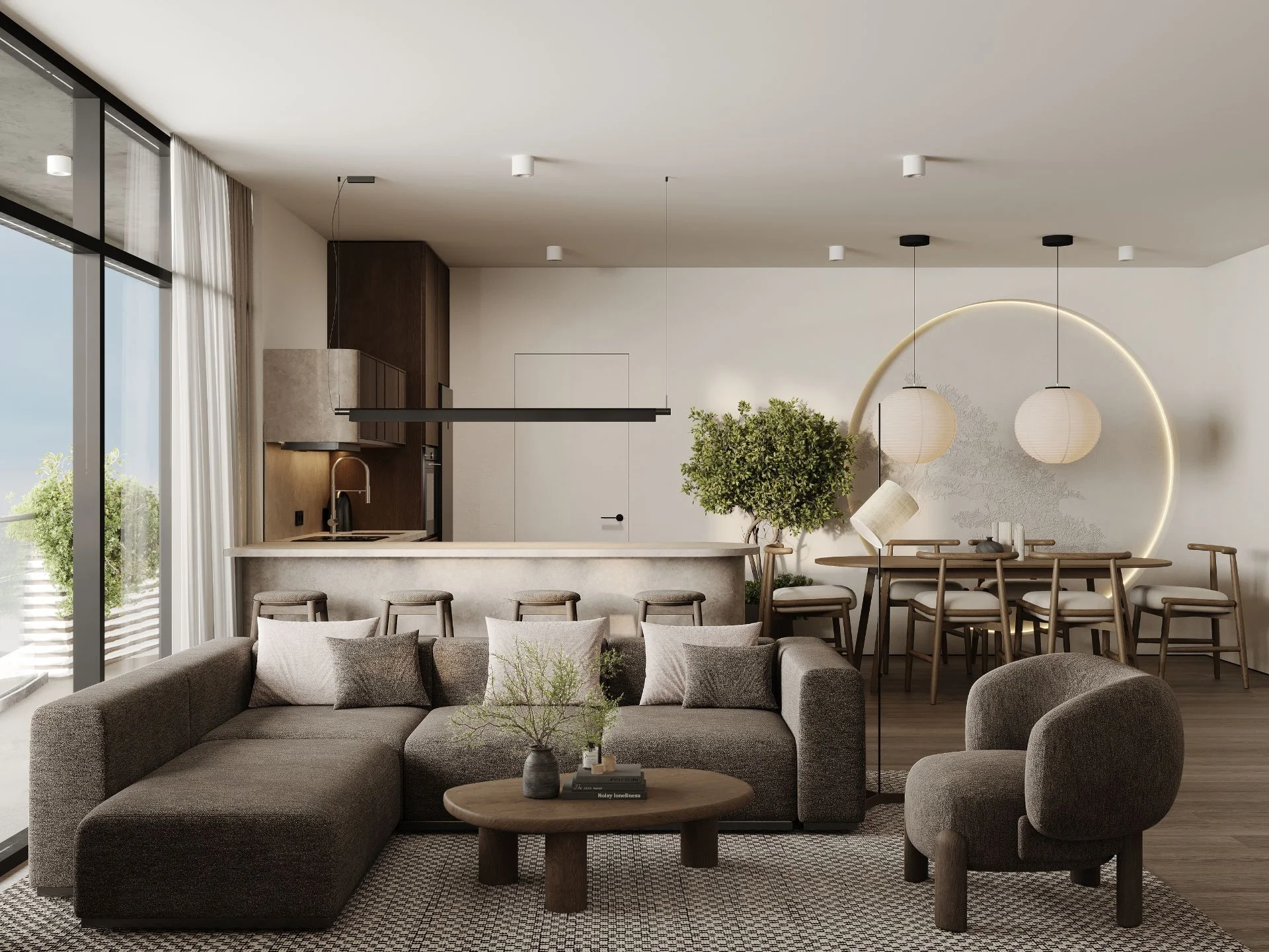 Open-plan living and dining area interior in 3-bedroom apartment at Sunny Moon, Nai Ha