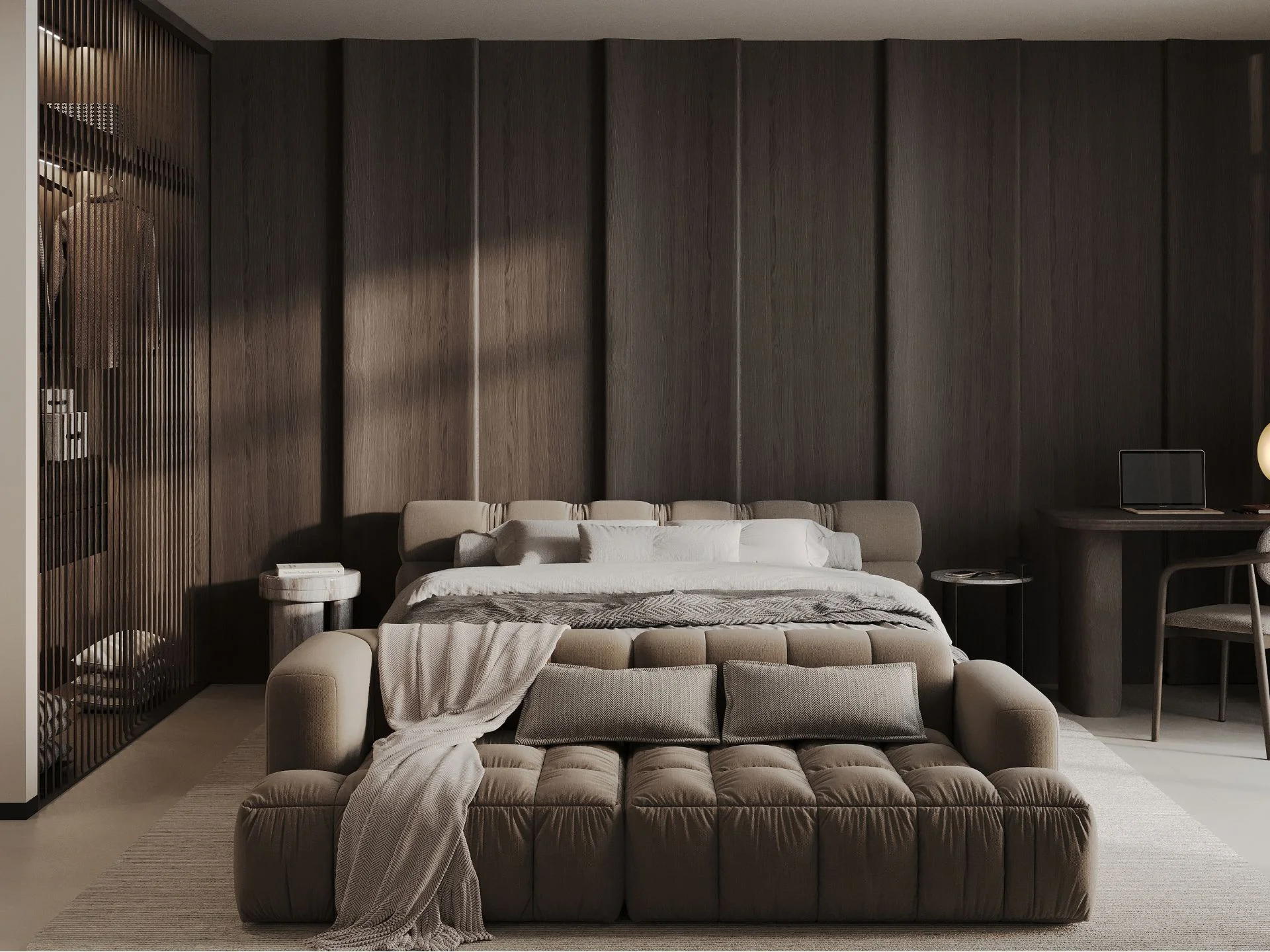 Master bedroom interior with upholstered bed and seating area in studio at Sunny Moon, Nai Ha