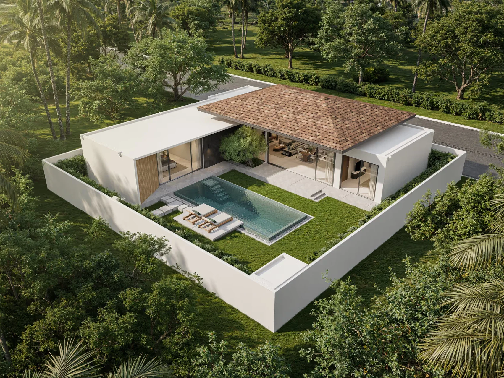 Moderní architektura vily se soukromým bazénem a upravovanou zahradou v Botanica Four Seasons, Laya
