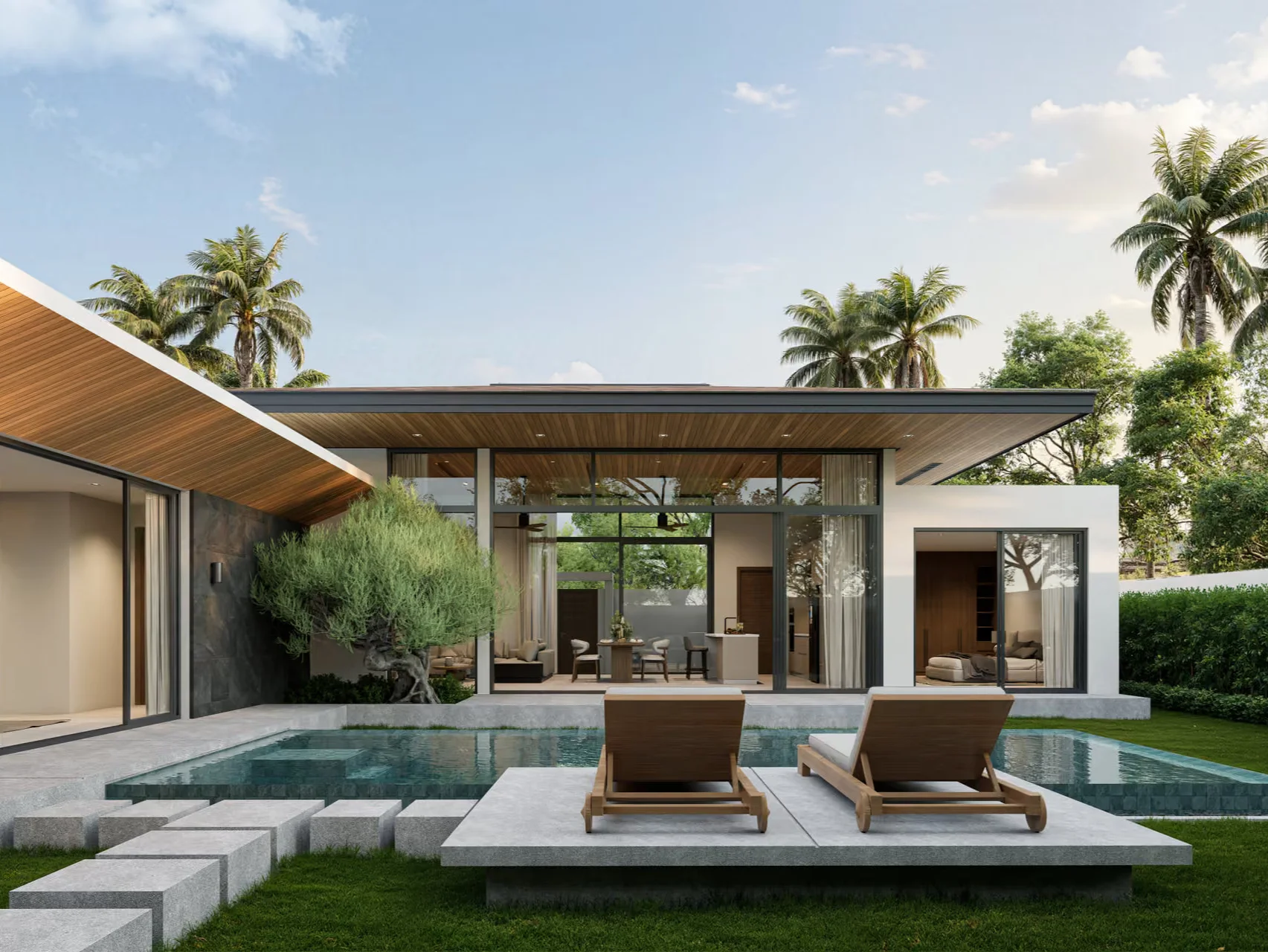 Moderní architektura vily s bazénem a tropickou zahradou v Botanica Four Seasons, Laya