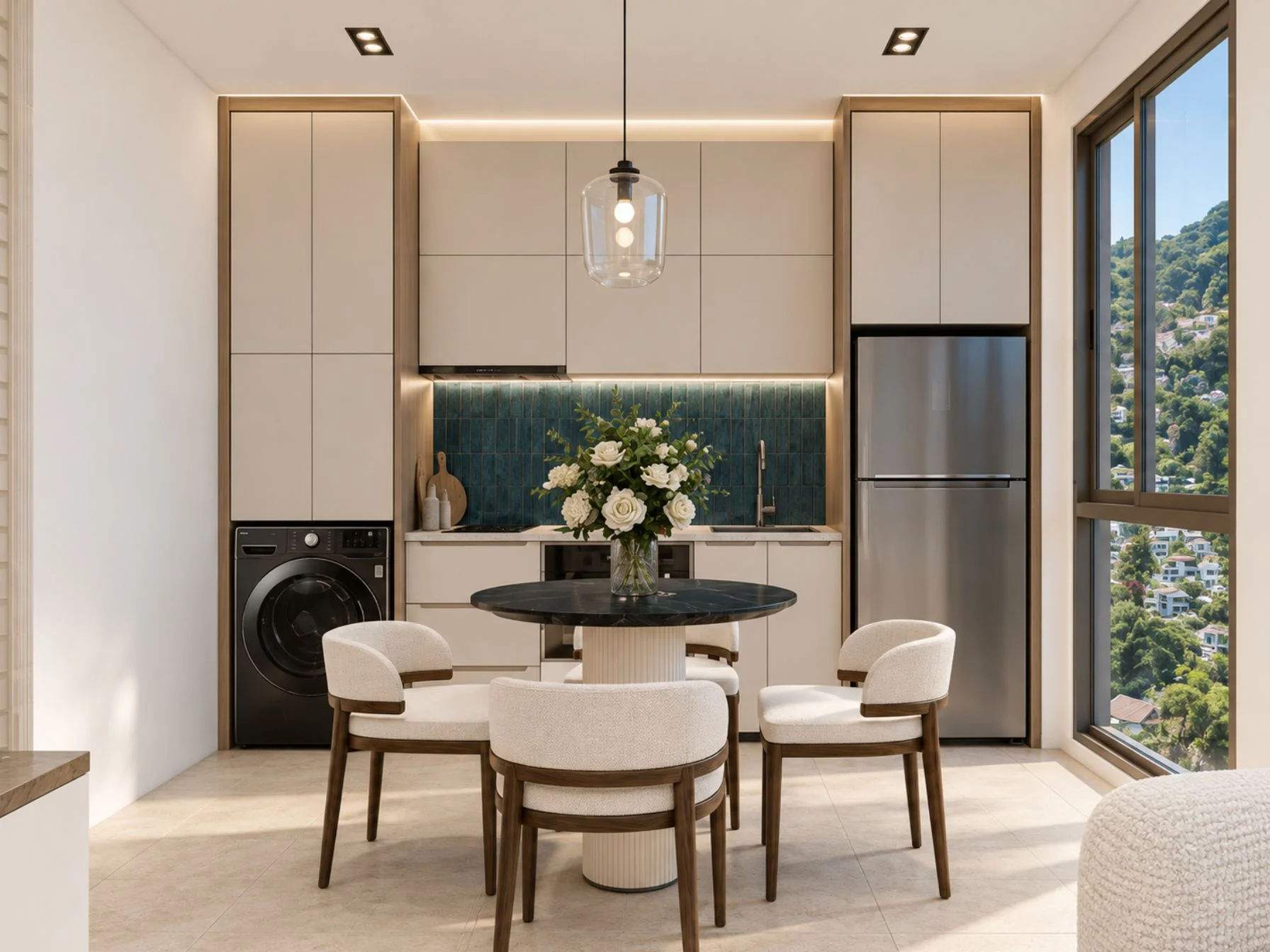 Kitchen and dining area interior in 1-bedroom apartment at Niranda Seaview, Patong