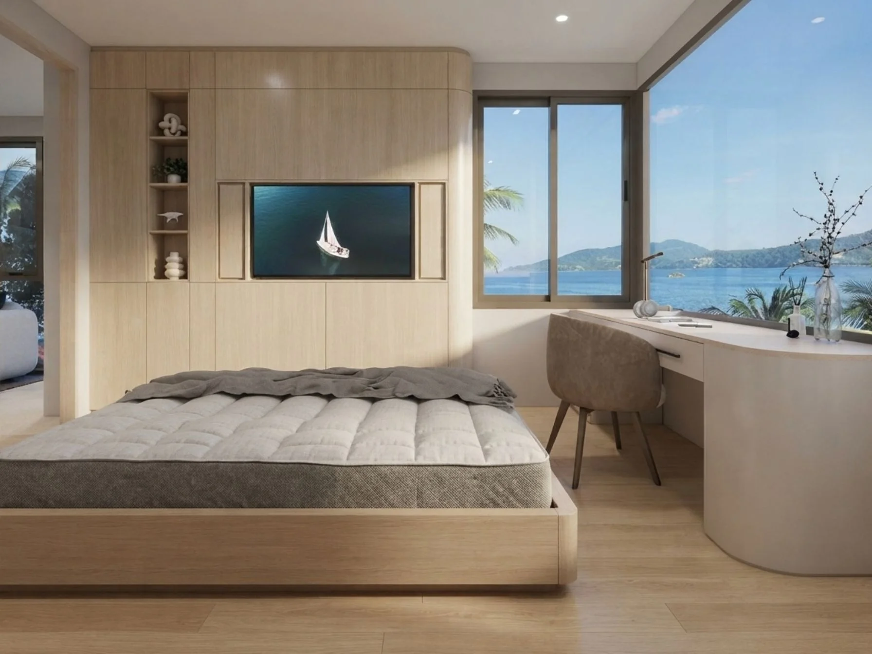Master bedroom interior with sea view in 1-bedroom apartment at Niranda Seaview, Patong
