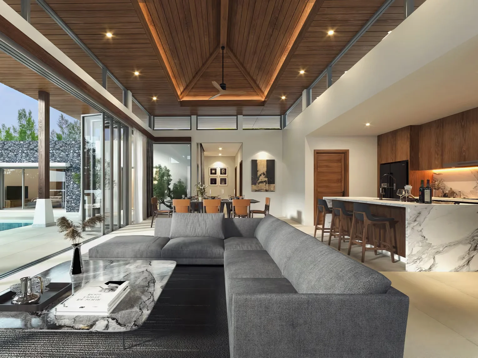 Открытая гостиная с кухней и столовой в вилле на 3 спальни, Botanica Four Seasons, Layang