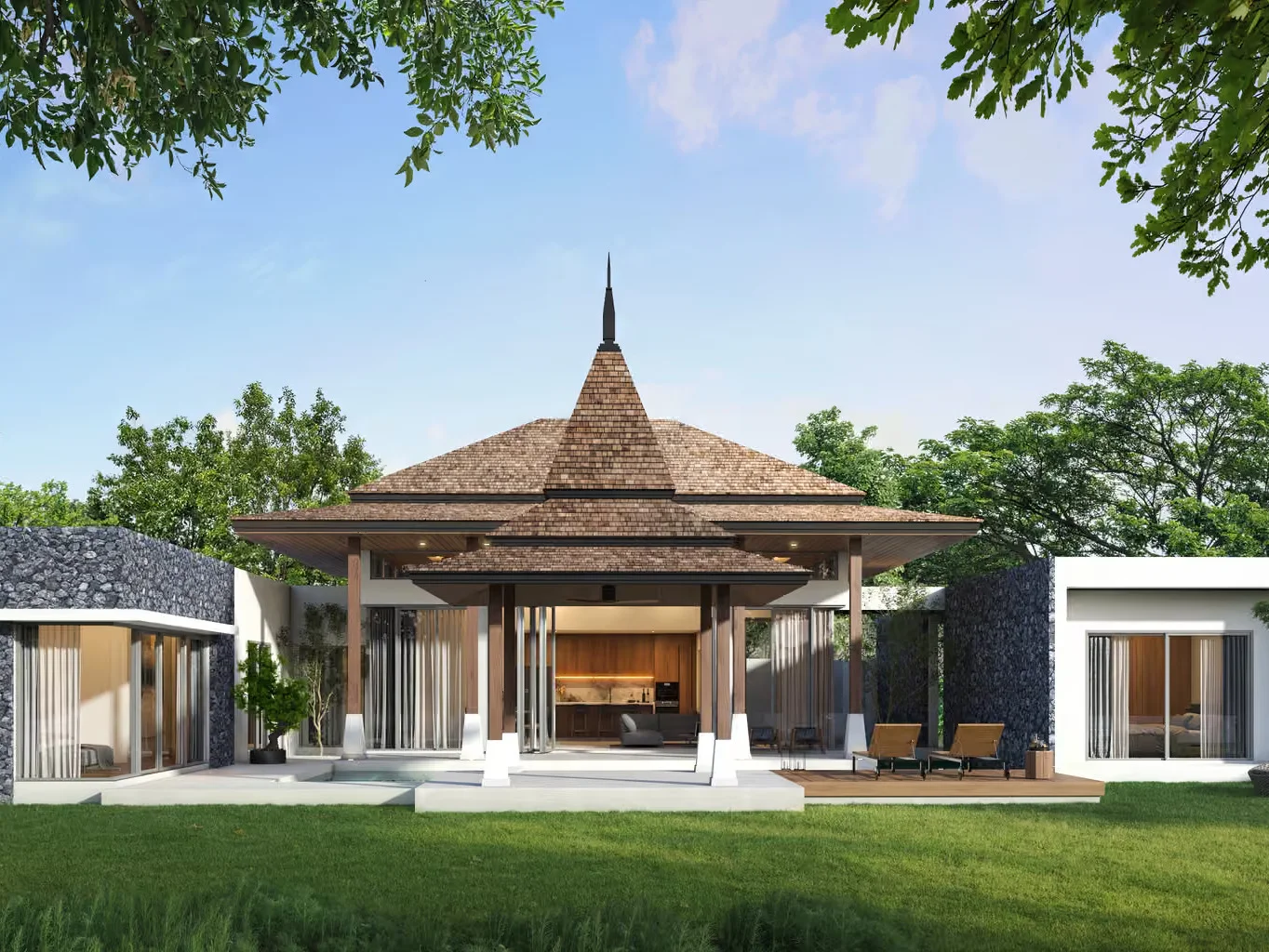 Architecture of Botanica Four Seasons villa with distinctive peaked roof design, Laya