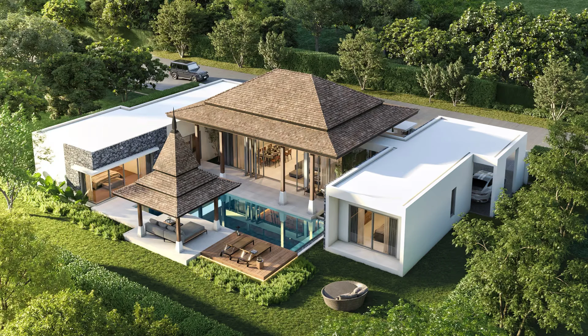 Architecture of Botanica Four Seasons villa with pool and landscaped grounds, Laya