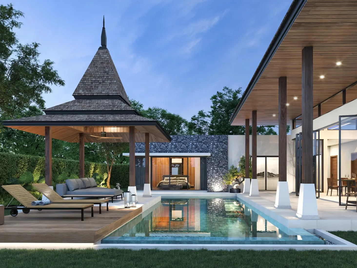 Luxury villa exterior with swimming pool and wooden pavilion at Botanica Four Seasons, Layang