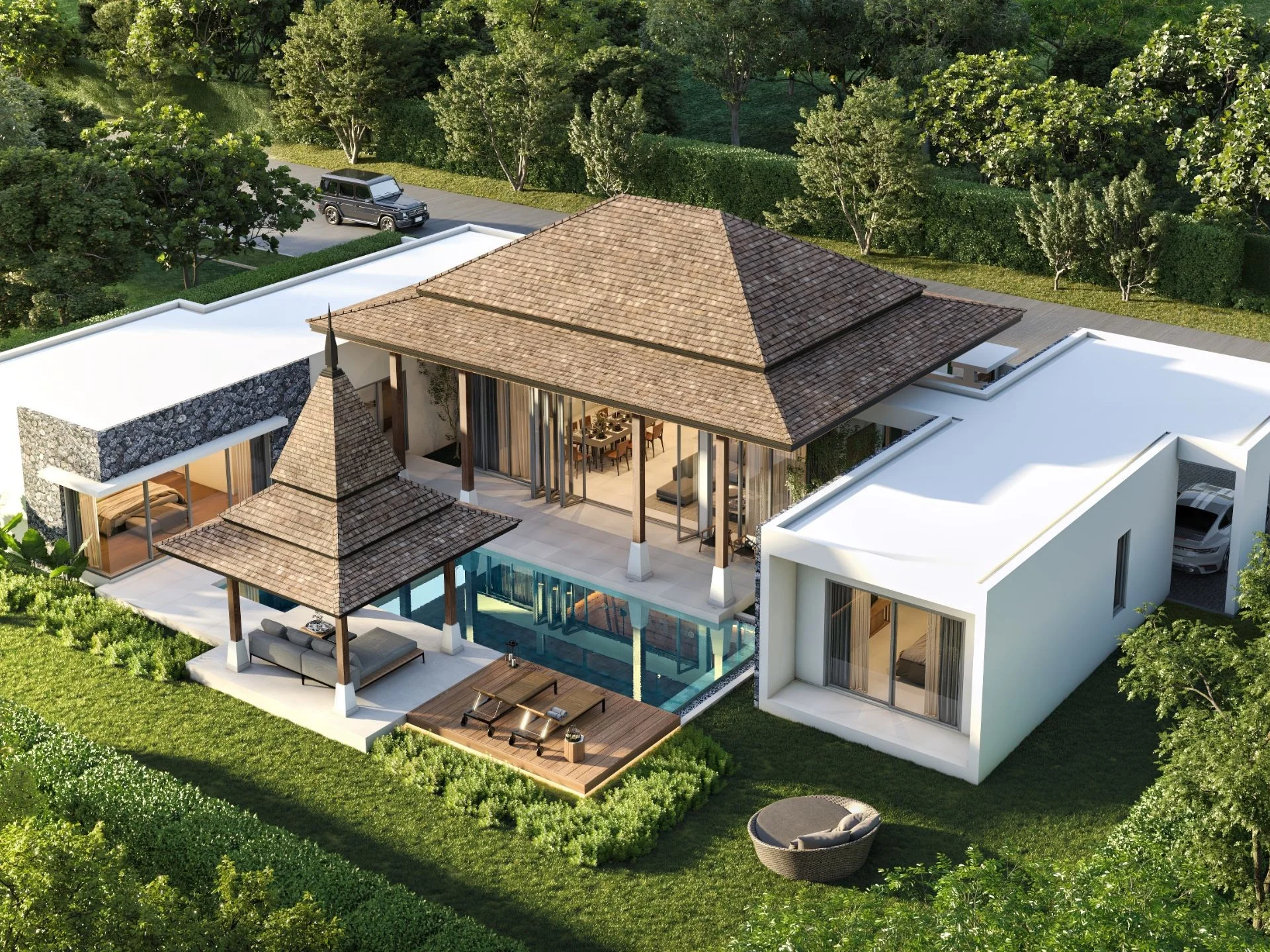 Aerial view of villa architecture at Botanica Grand Avenue, Thailand