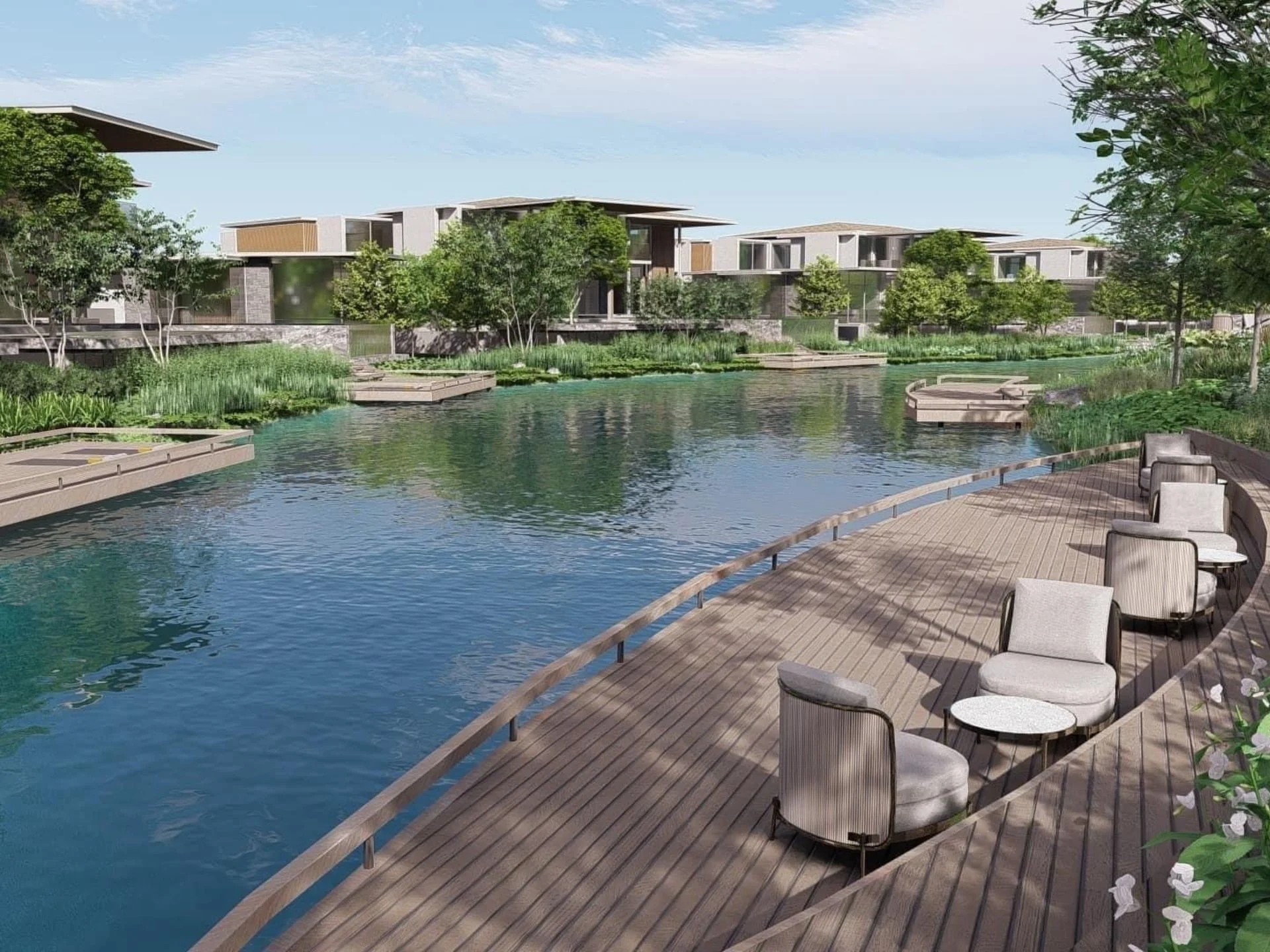 Waterfront deck and lagoon at Botanica Grand Avenue, Thailand
