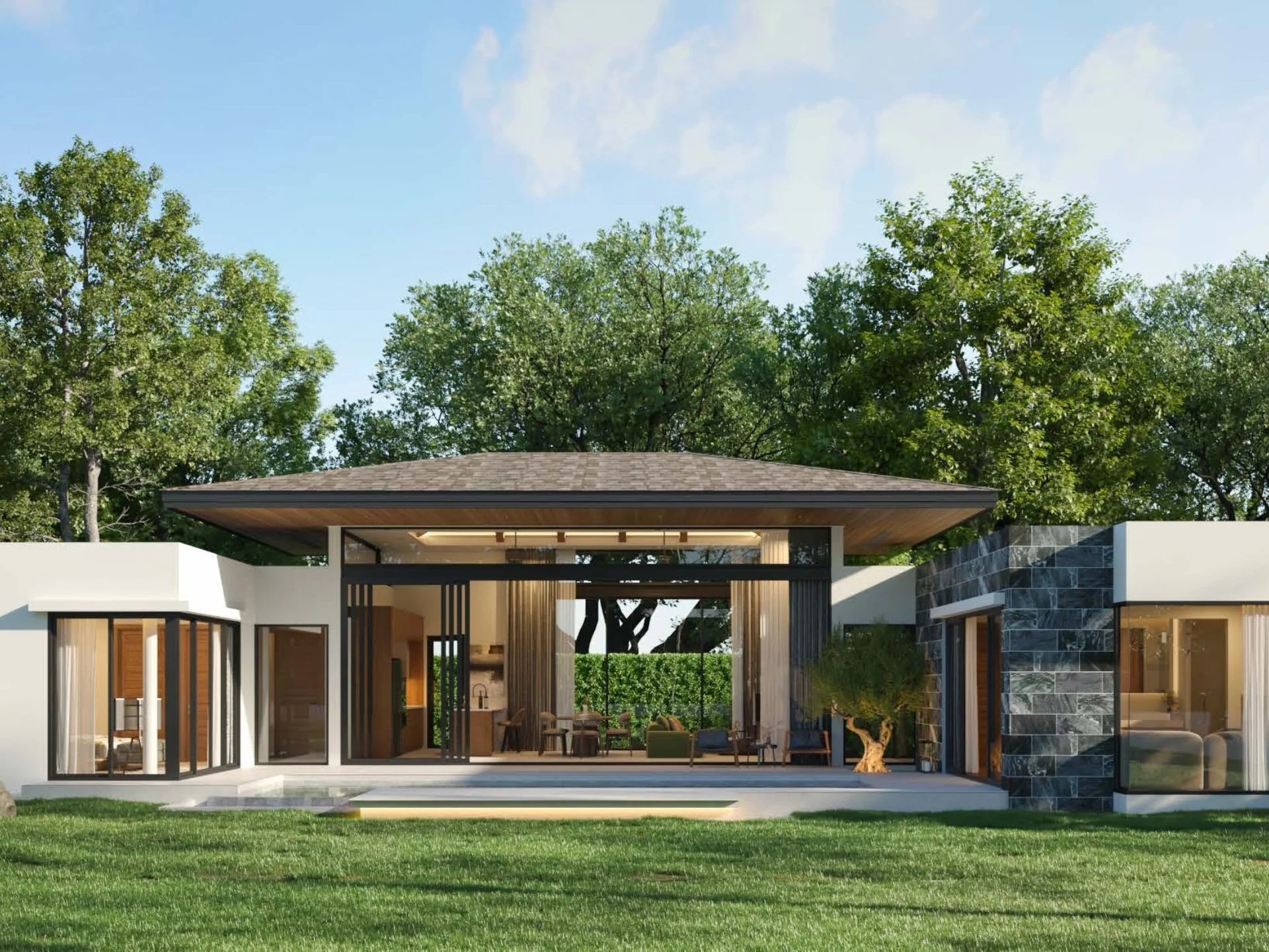 Modern villa architecture with central pavilion and landscaped grounds at Botanica Pru Jampa, Talangs