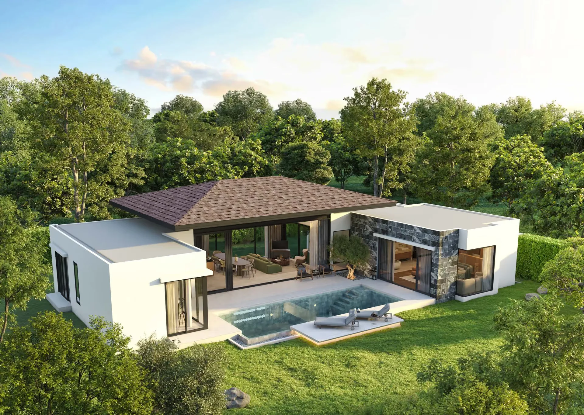 Modern villa architecture with swimming pool and landscaped grounds at Botanica Pru Jampa, Talanng