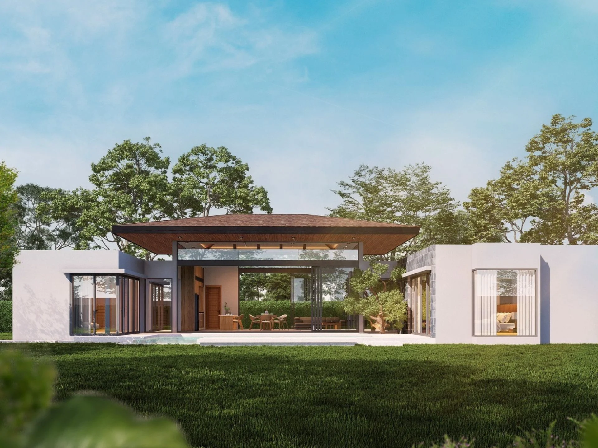 Modern villa architecture with wooden canopy and white walls, Botanica Pru Jampa, Thalang