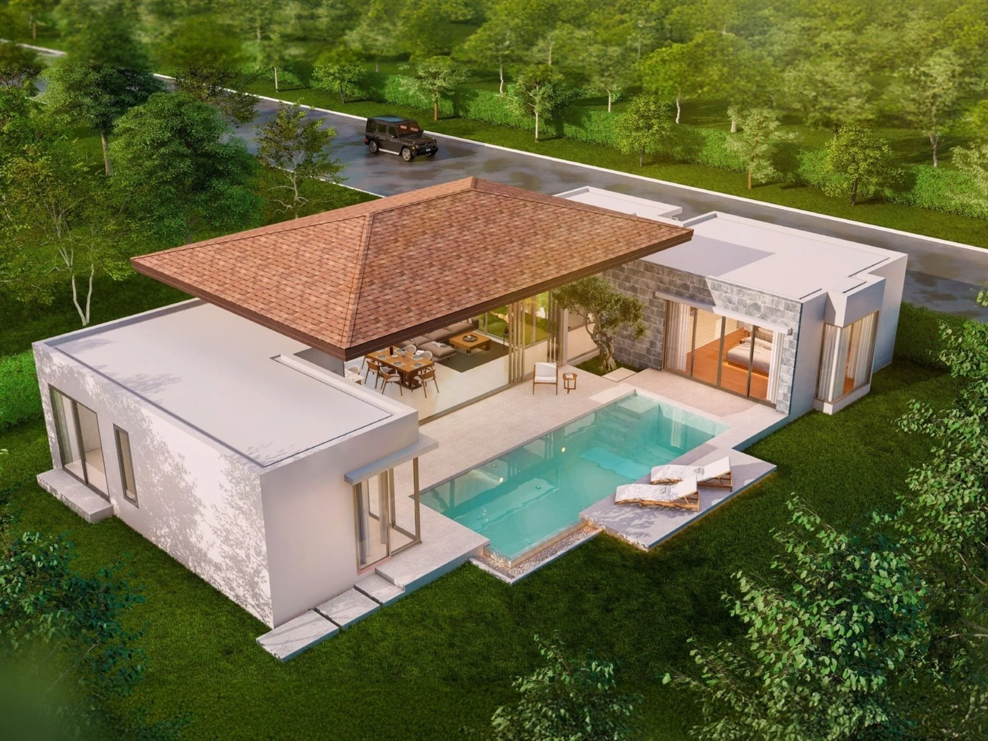 Architecture of Botanica Pru Jampa villa with pool and landscaped grounds, Thailand
