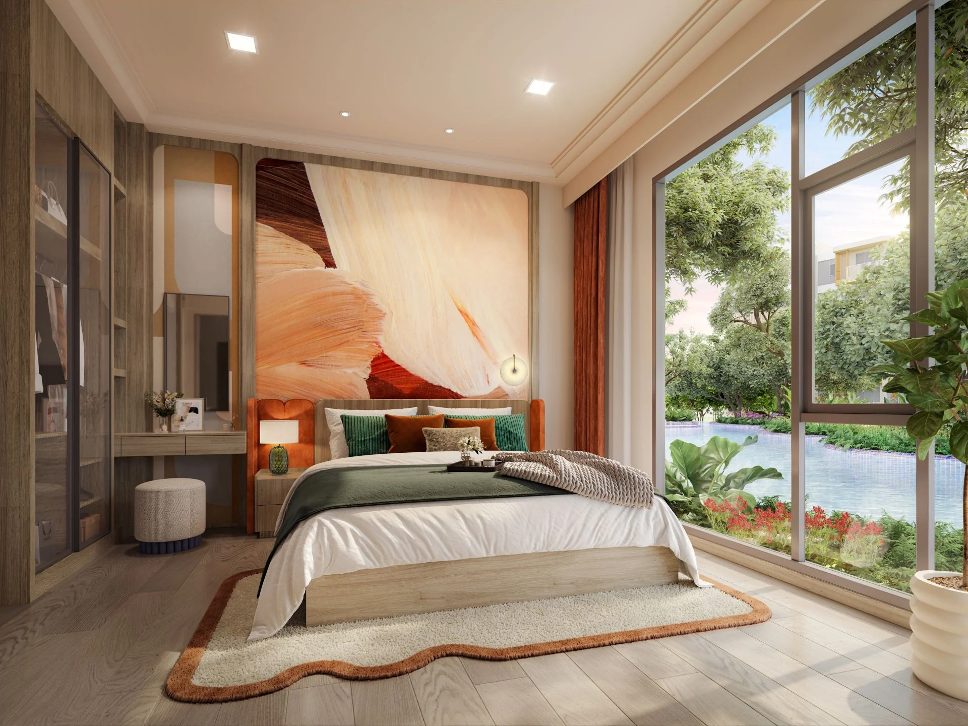 Chambre principale avec vue sur l'eau dans appartement 1 chambre à Canvas Cherngtalay