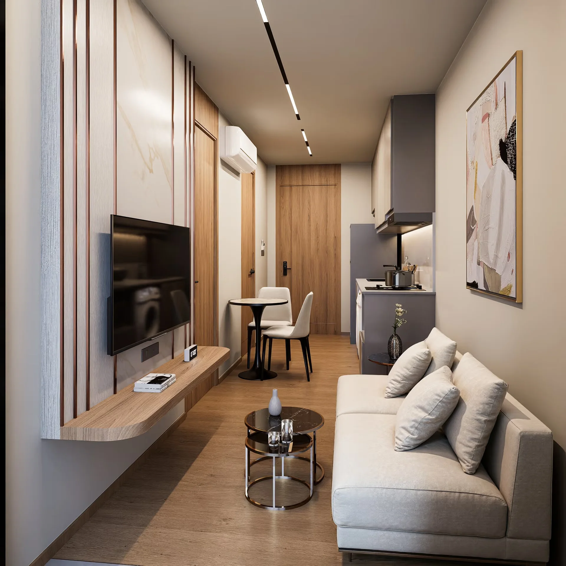 Studio apartment interior with living area and kitchenette at Vip Space Odyssey, Rawai