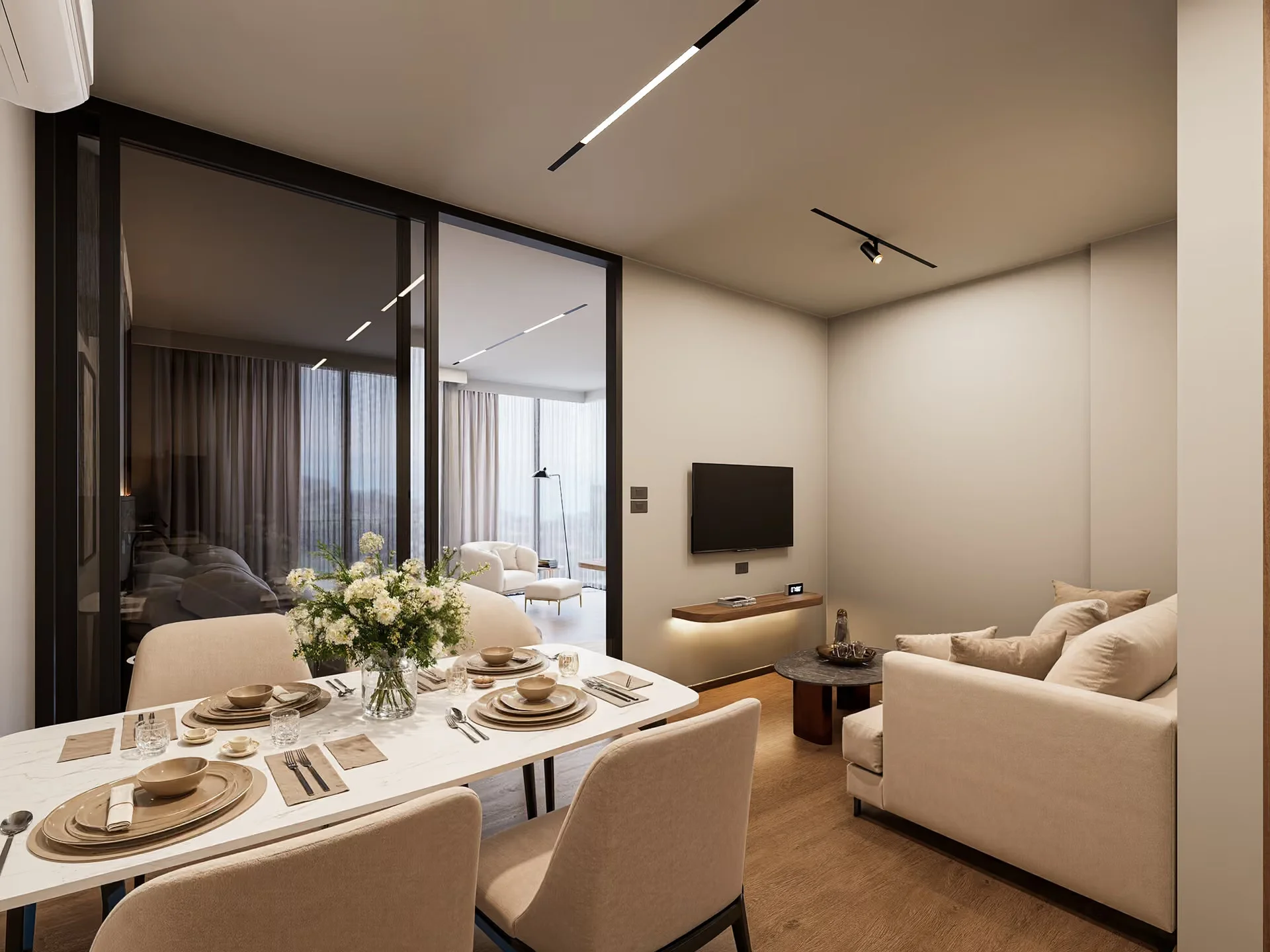 Dining and living room interior in 1-bedroom apartment at VIP Space Odyssey, Rawai