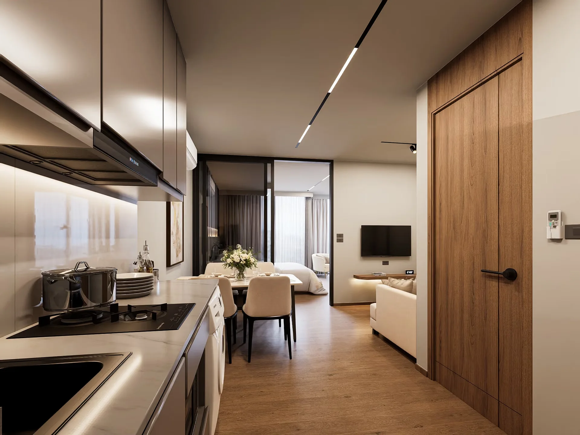 Open-plan kitchen and living area in 1-bedroom apartment at VIP Space Odyssey, Rawai