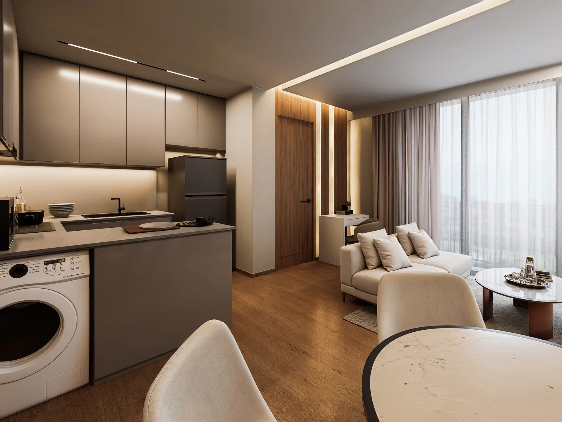 Open-plan kitchen and living area interior in 2-bedroom apartment at Vip Space Odyssey, Rawai