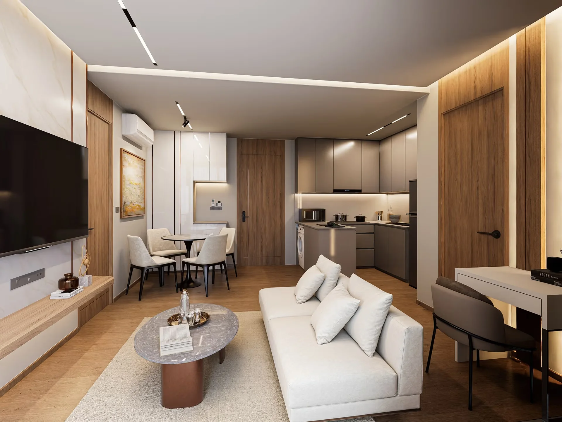 Open-plan living room and kitchen interior in a 2-bedroom apartment at Vip Space Odyssey, Rawai