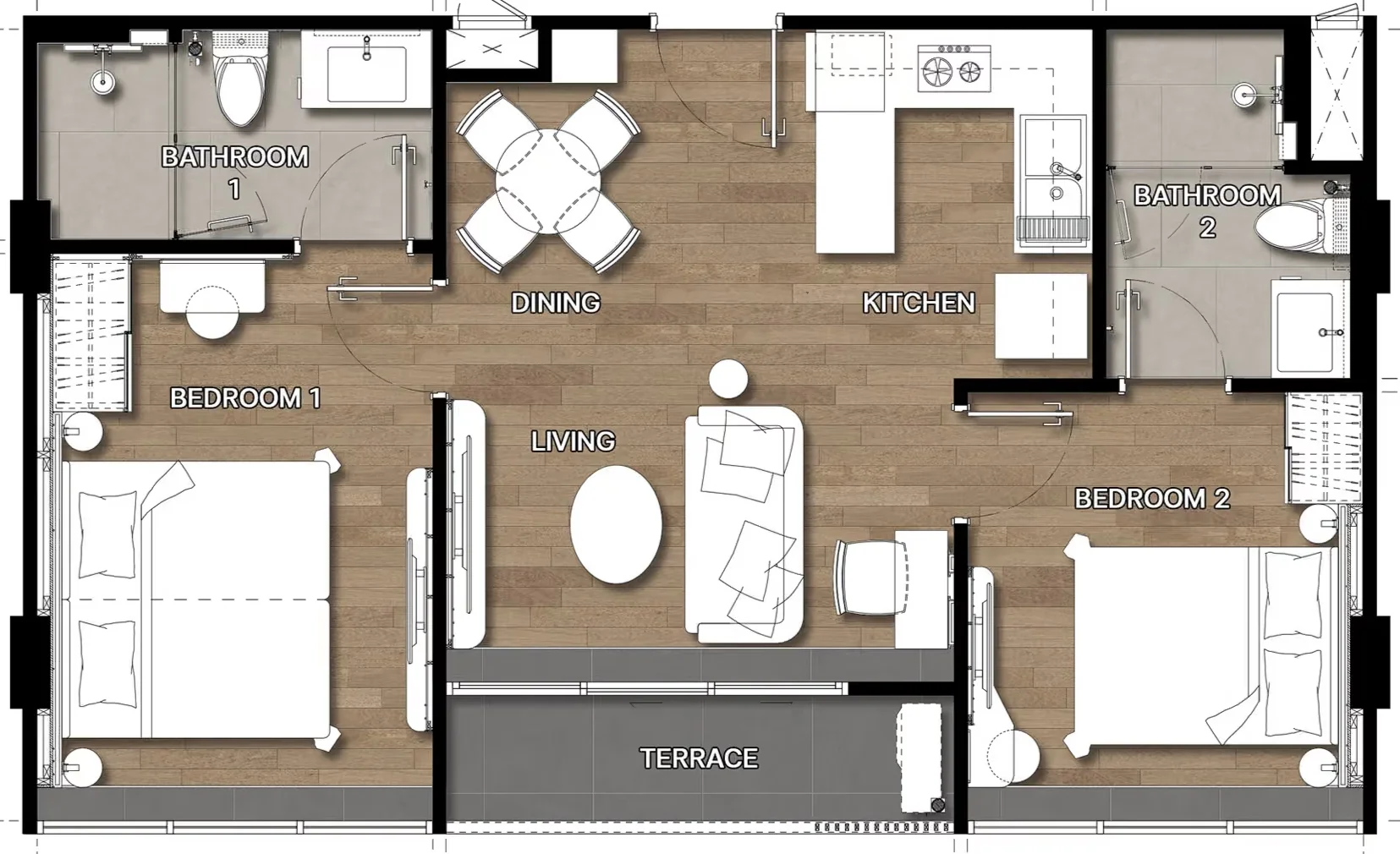 2 bed 60 sqm unit plan