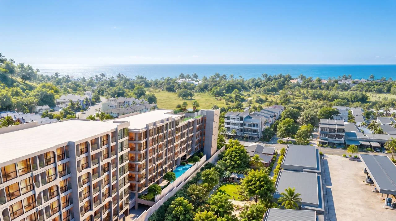 Aerial view of Vibe Downtown residential complex with sea view, Thailand