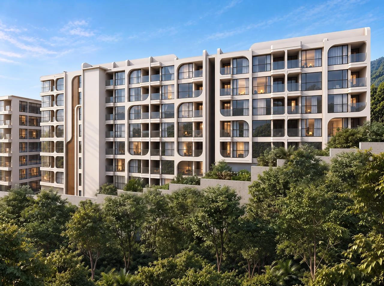 Architecture of Vibe Downtown with curved facade and landscaped grounds, Thailand