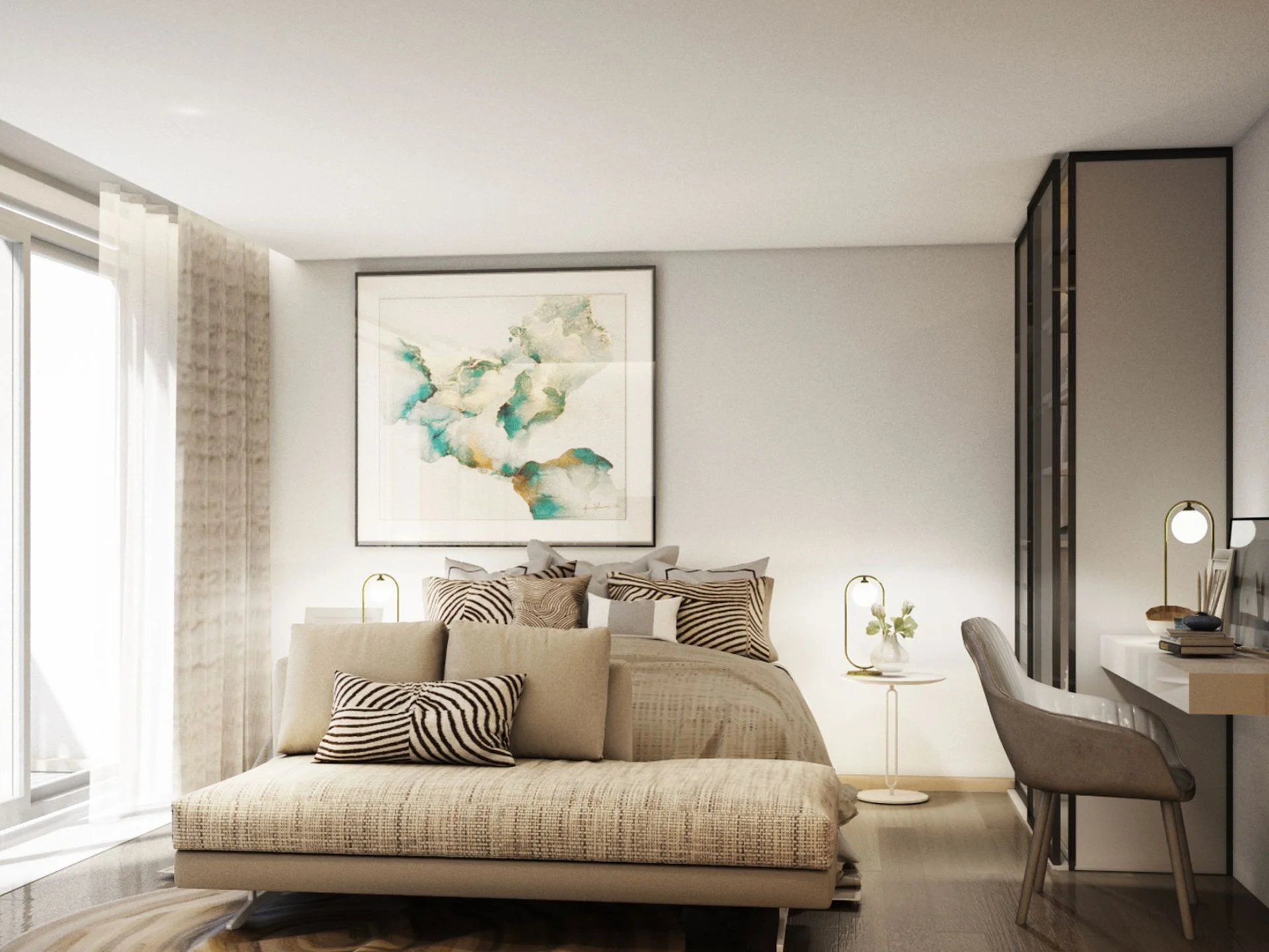 Schlafzimmerinterieur mit Bett, Schreibtisch und Stuhl im Studio der Vip Space Odyssey, Rawai