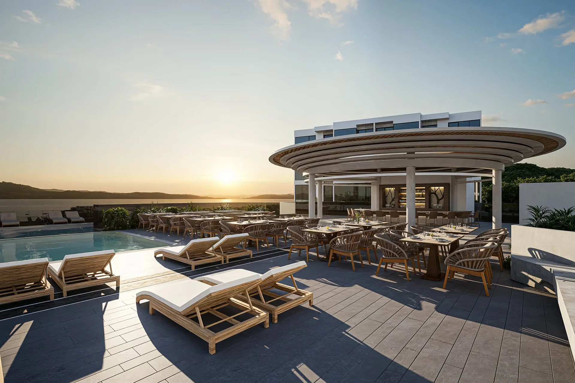 Rooftop terrace with swimming pool and sea view at VIP Space Odyssey, Rawai