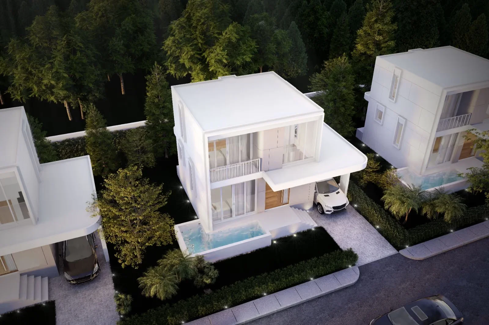 Aerial view of modern villa with private pool and carport at Vip Space Odyssey, Rawai