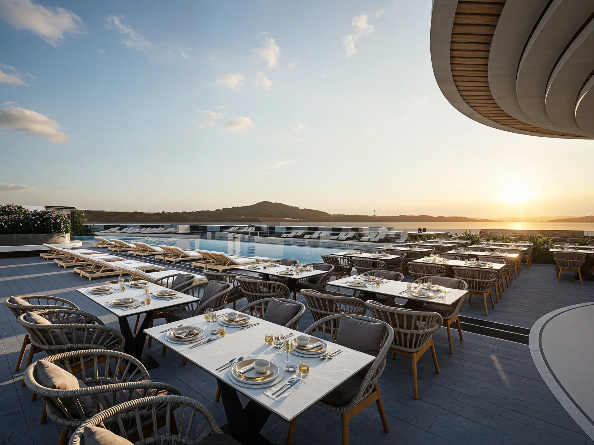 Rooftop dining area with pool and sea view at VIP Space Odyssey, Rawai