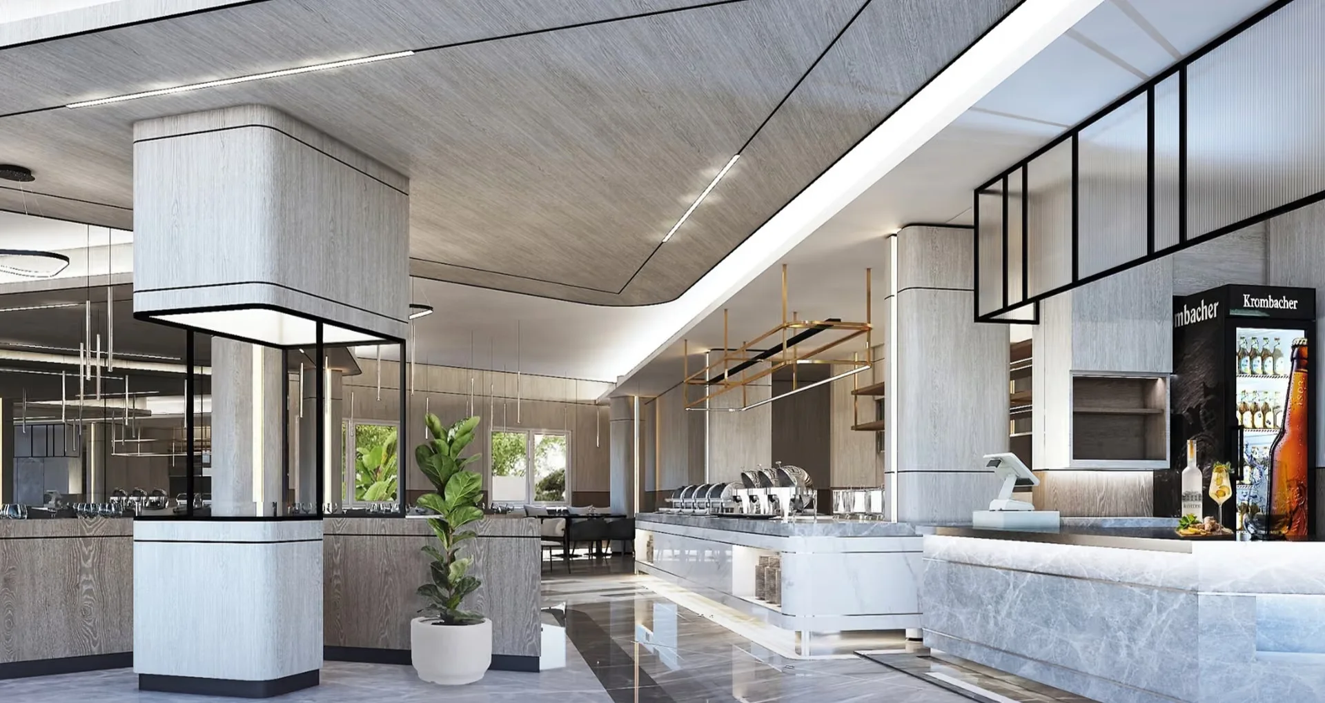 Common area interior with reception and bar seating at VIP Space Odyssey Phase 2, Thailand