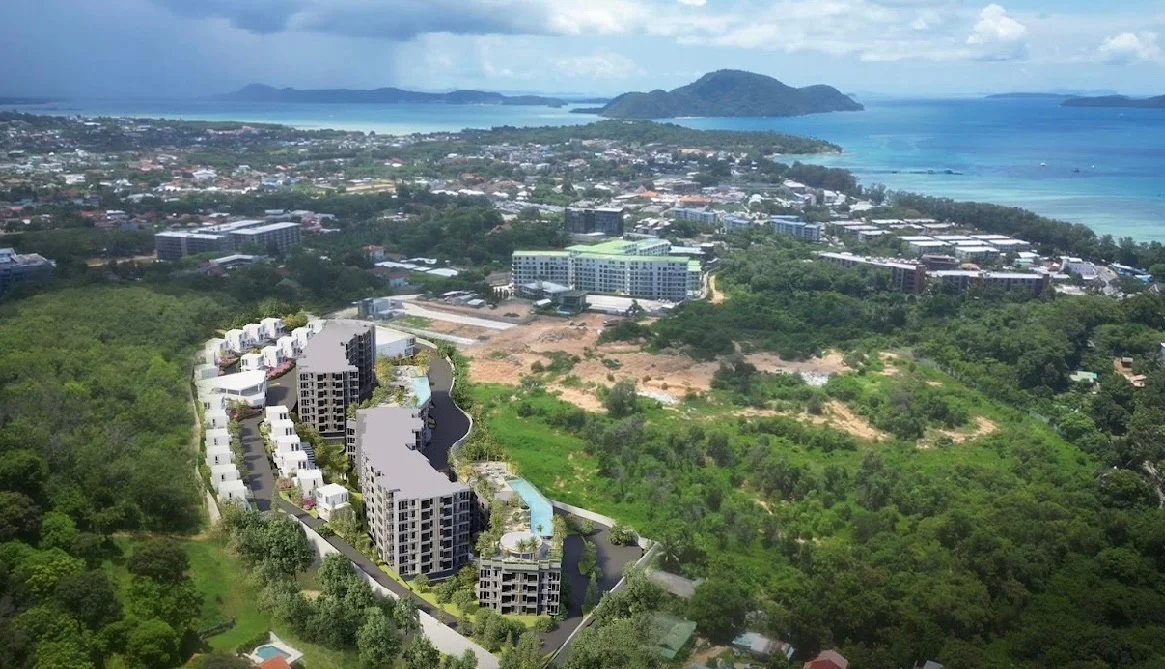 Aerial view of VIP Space Odyssey Phase 2 residential complex with sea and mountain landscape, Thailand