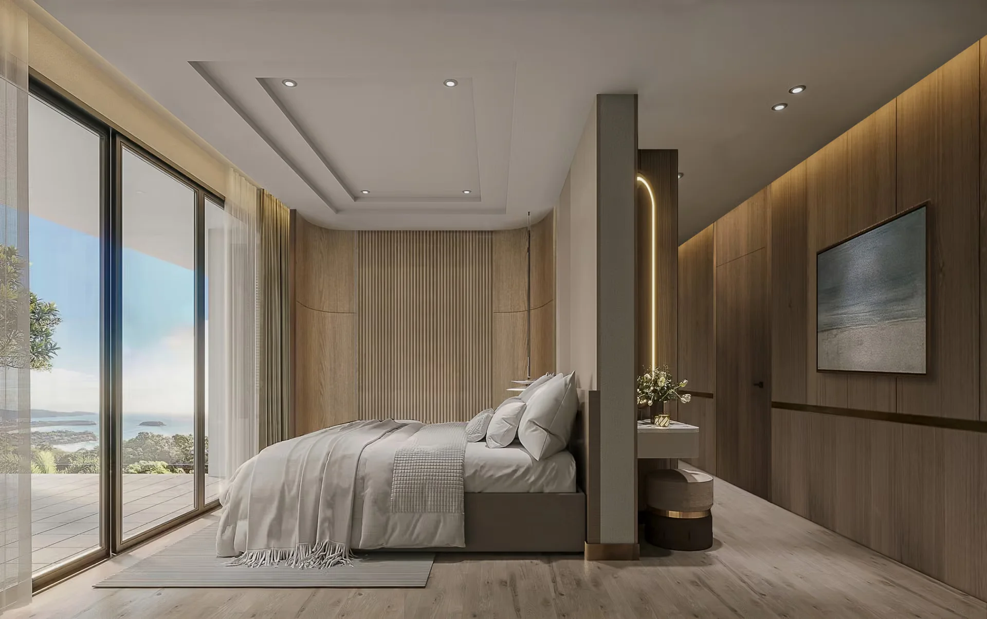 Master bedroom interior with sea view from terrace at Abov Patong Residence, Patong