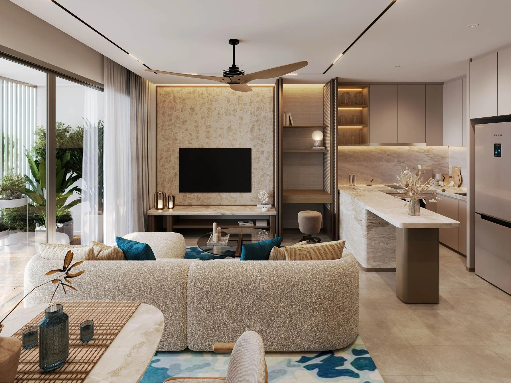 Open-plan living and kitchen interior in 1-bedroom apartment at Laguna Lake Residences Aster, Bang Tao